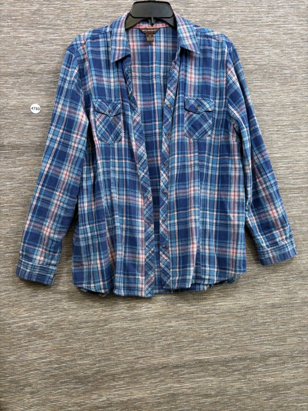 Bit & Bridle Button Down Shirt Womens 1X Blue Plaid Long Sleeve Cotton Flannel